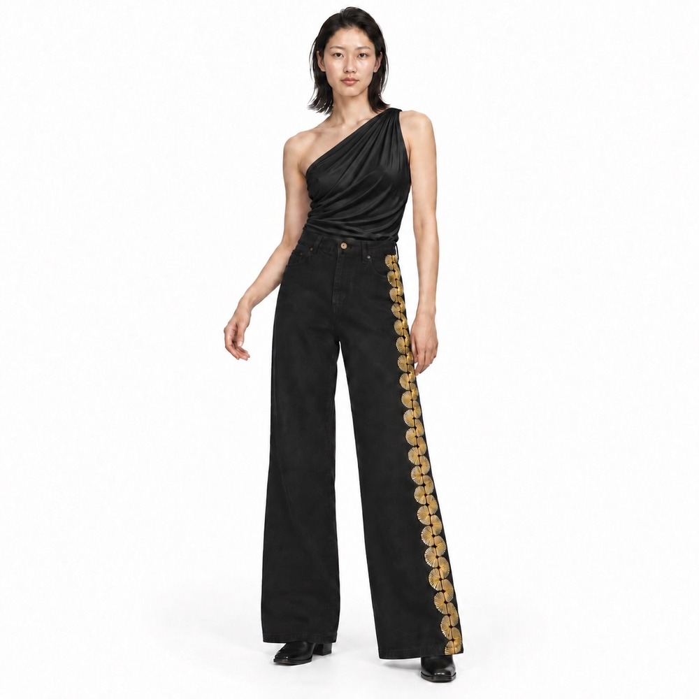 NEW THE-ARE Jeans Oasis Cotton Black Gold Sun Embroidery Boho Womens 0 XXS